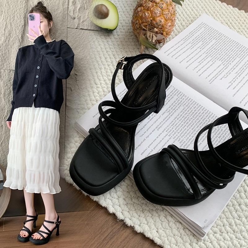 Sandals Sexy Espadrilles Platform Buckle Strap 2024 Women's Square Toe Ladies Shoes Summer High Heels Suit Female Beige Lacquere