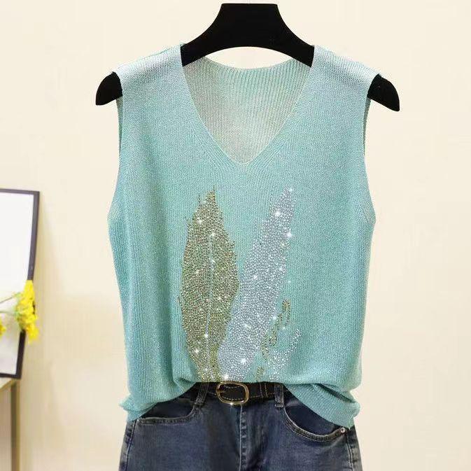 2023 Shiny Silk Sleeveless V-Neck Women's Vest - Spring/Summer New Style, Loose Fit with Hot Diamond Sling Knitted Design