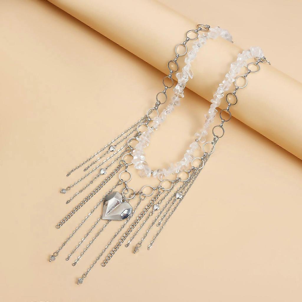 Irregular Natural Stone Heart Pendant Fringe Collarbone Chain Necklace Alloy Lightweight Layering Jewelry For Women
