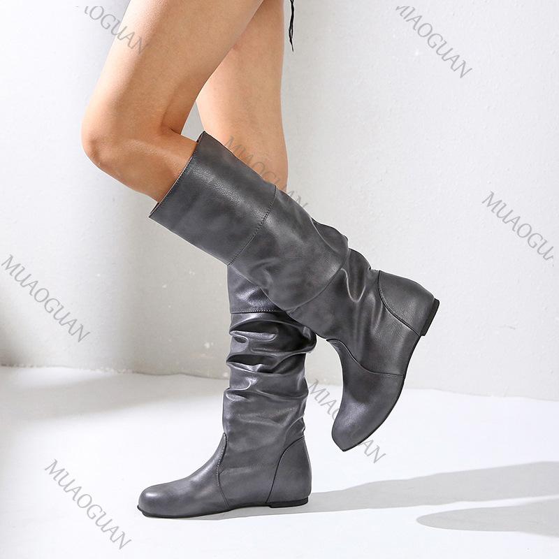 Fashion Large Size Flat Knee High Boots for Women Spring Autumn Casual Shoe Solid Color Round Toe Pleated Thigh High Knight Botas Female