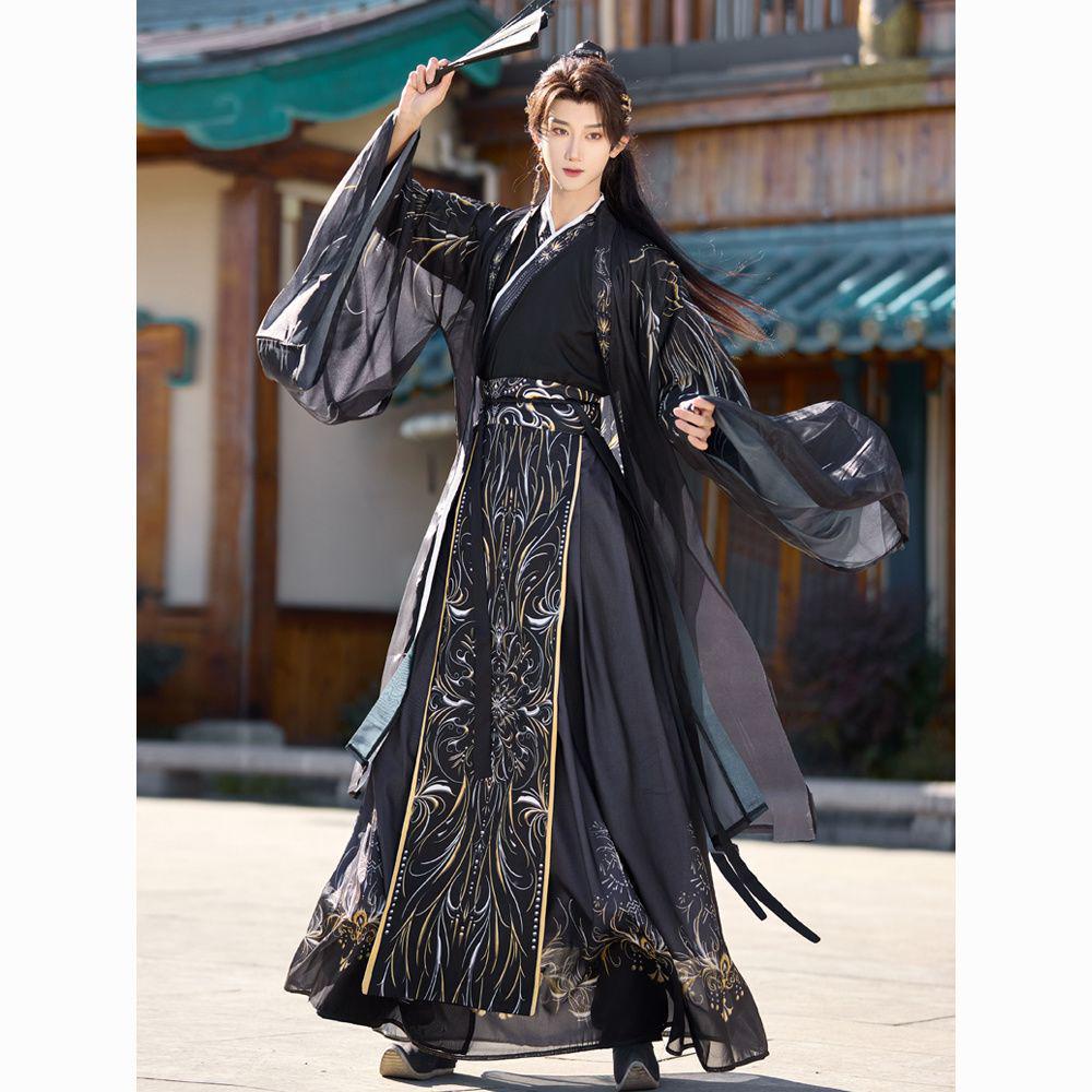 Men's Original Dark Hanfu Robe - Ancient Chinese Style Costume for Wuxia & Xianxia Cosplay, Cross-Collared Design for Film and TV.
