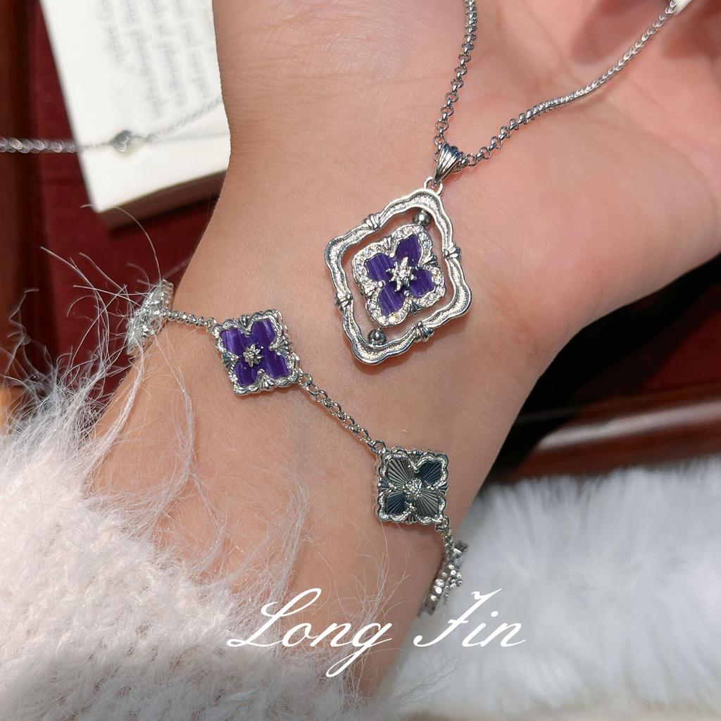 French Retro High-End Purple Dragon Crystal Turquoise Bracelet, Necklace, Earrings, Court Style Four-Leaf Clover Set, Live Broadcast Special
