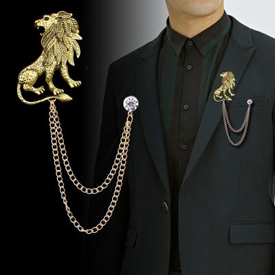 Spille retrò in metallo con cristallo a forma di leone, spille con catena a forma di nappe, spille con colletto da camicia, accessori per gioielli di lusso