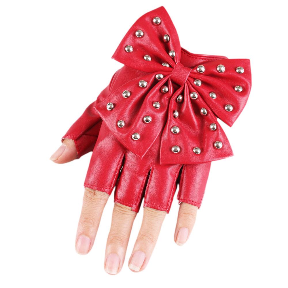 New Women's Bow Rivet Half-Finger Performance Gloves for Nightclub Dance Stage