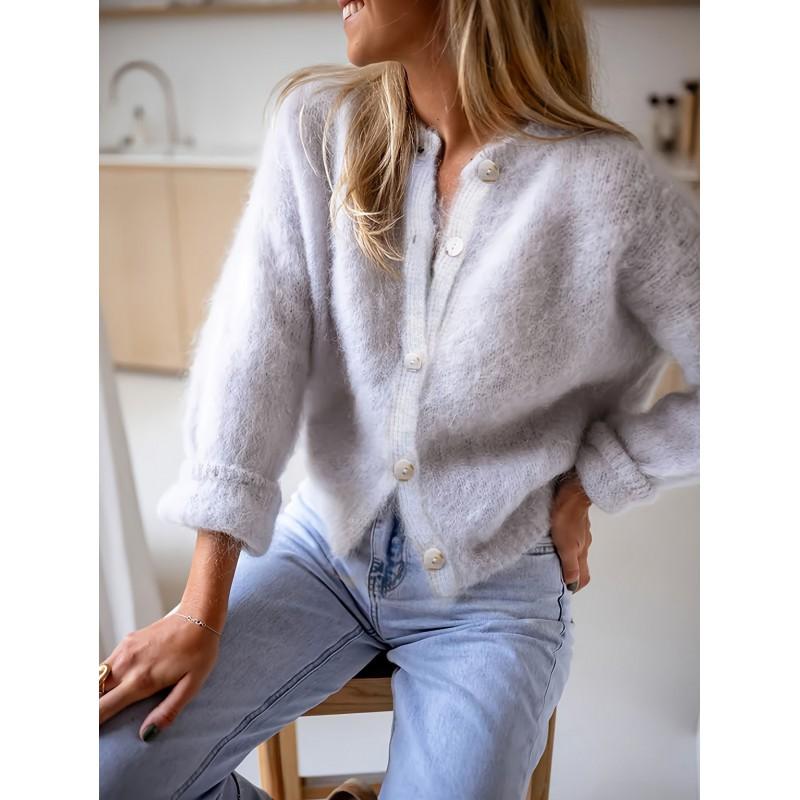 Womens Casual Knit Cardigan Solid Color Loose Fit Round Neck Long Sleeve Fall Sweater