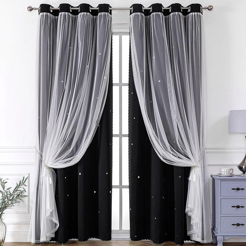 Lace Sheer+Blackout Curtains Double Layer Star-Pattern Drapes Sun Filtering Window Sheers Elegant Living Room Bedroom Decor