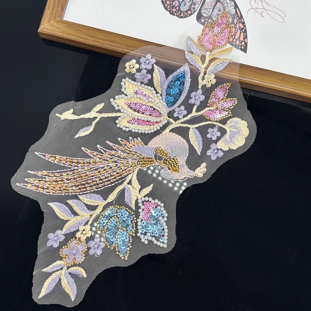 Mesh Lace Sequined Beads Embroidered Flower Cloth Sticker Chinese Hanfu Cheongsam Sweater Decorative Patch Sticker