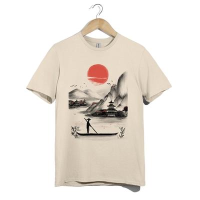 Japanese Mountain Sunset T-Shirt – Minimal Red Sun and Birds Graphic Unisex Tee