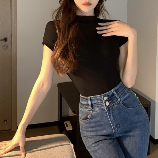 Dámské topy Polovysoký límec Krátký rukáv Přiléhavé tričko Jednobarevné
