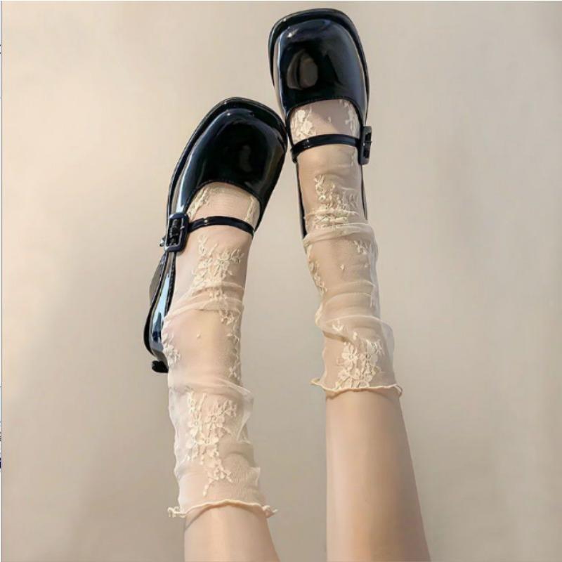 

Женские весенне-летние тонкие носки-гольфы из дышащей сетки с цветочным полым кружевом 1 pair бежевый
