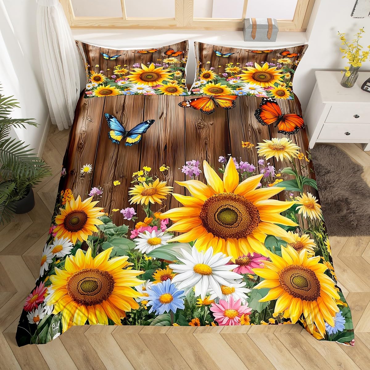 

Yellow Sunflower Duvet Cover Queen Blossom Flowers Bedding Set Butterfly Floral Print Comforter Cover Nature Theme Bedroom Decor EU Single(135*200cm)3pcs
