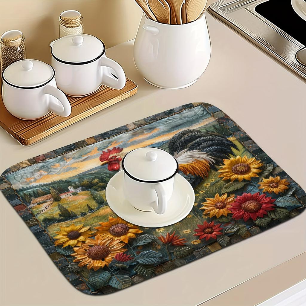 1 Stück Sonnenblumen Hahn bedruckte Gummi Trockenmatte für Café Küche Teppich Geschirr Langlebige Kieselgur Tischmatte Haustier Kaffeegeschirr Matte