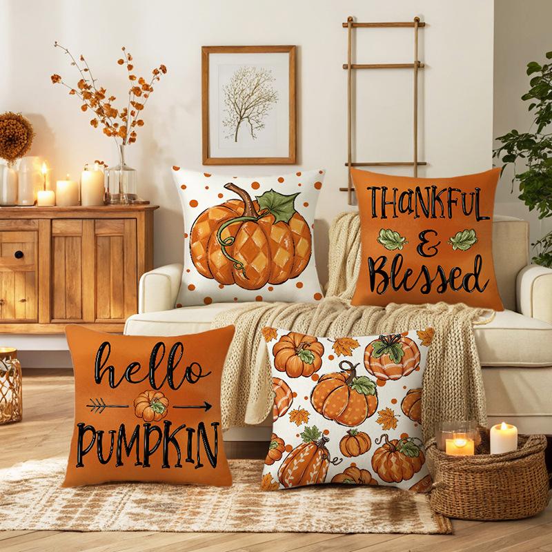 1pc Orenge Pumpkin Themed Cushion Cover Soft Cozy Cover Fall Themed Pillowcase for Living Room Couch Decoration