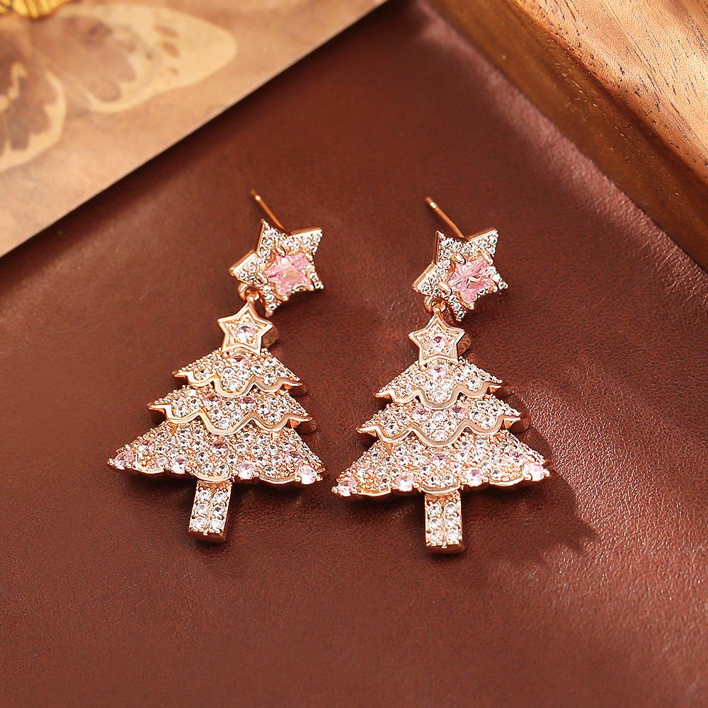 Hot-Selling Pink Zircon Pendant Necklace & Super Shiny Fairy-Style Earrings Set - Cute, Fresh Christmas Tree Design