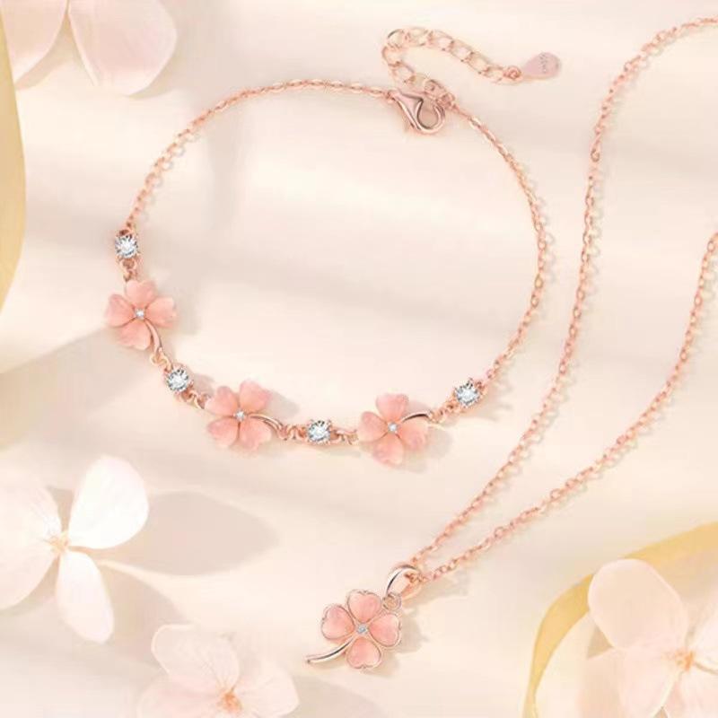 Cat's Eye Stone Four-leaf Clover Pink Crystal Necklace Set for Girls To Give Girlfriend Valentine's Day Birthday Gift