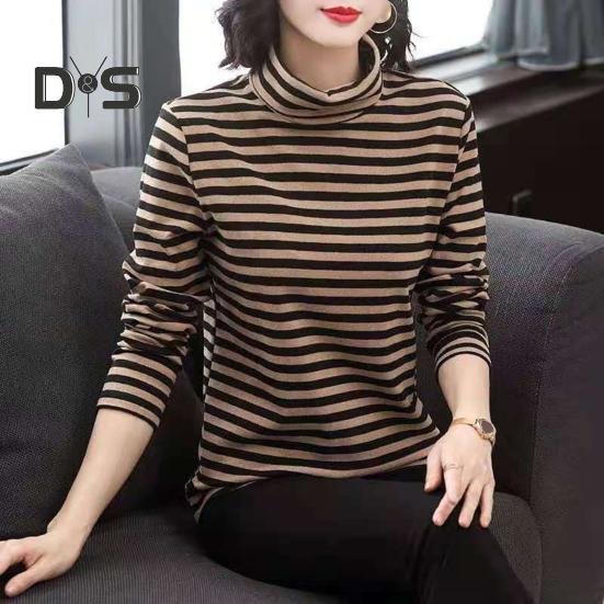 Damen-Oberteile mit hohem Kragen, langen Ärmeln, verdicktem Samtfutter, Pullover-Oberteile, gestreifter Aufdruck