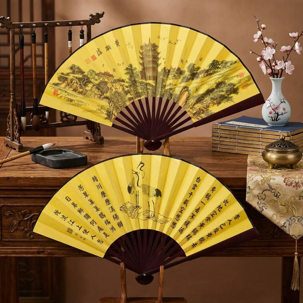 Folding Fan Chinese Style Summer 10inch Ancient Style Fan Men's Silk Cloth 2026 New Model Summer Bamboo Fan Hanfu Portable Fan