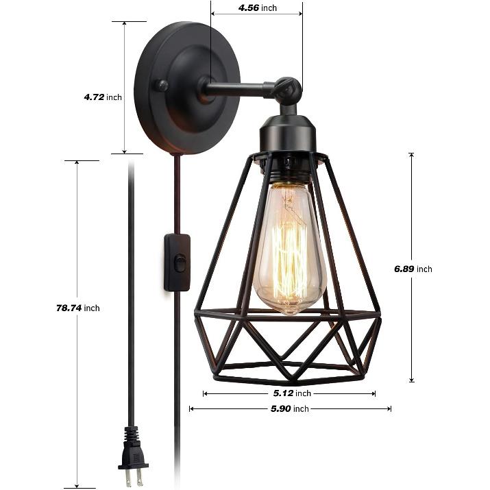 Настенный светильник с вилкой, Клеточный плафон, Промышленный настенный светильник с шнуром и вилкой, Настенный светильник в деревенском стиле с выключателем, Винтажный настенный светильник для изголовья кровати
