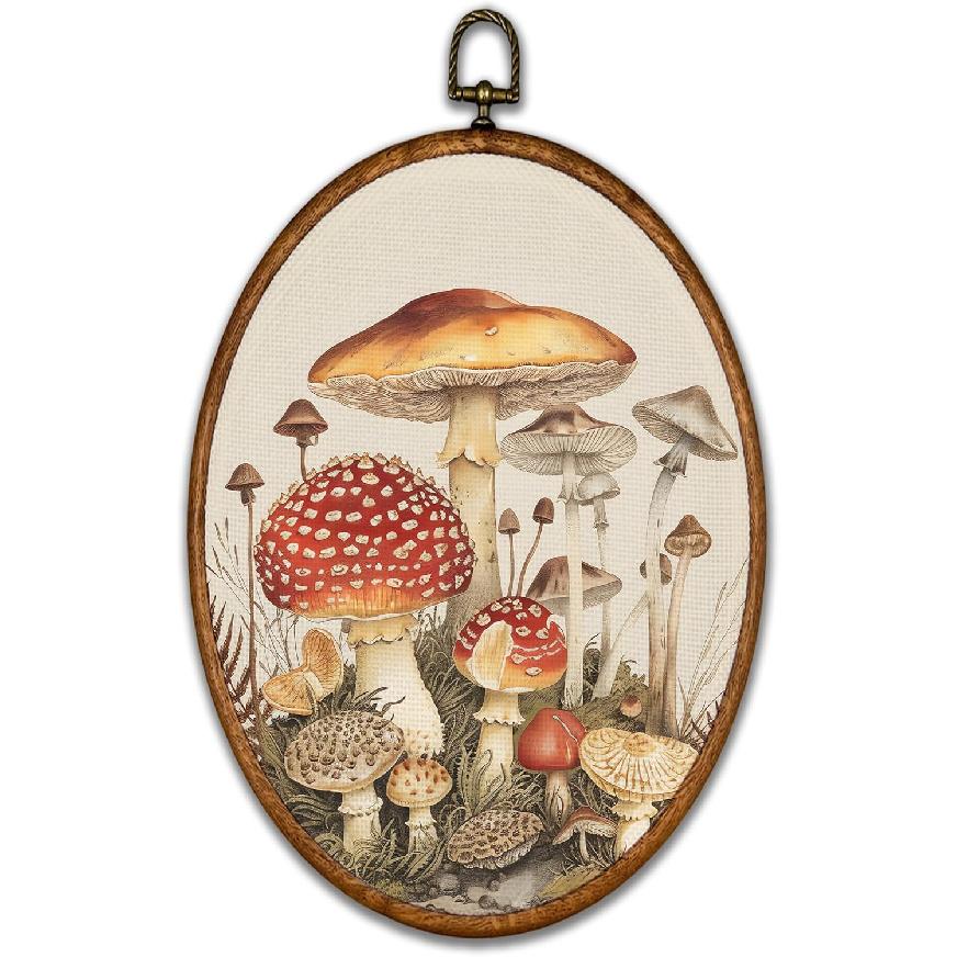 BCUANGD Vintage Mushroom Round Wall Art Decor - Retro Boho Botanical Wall Art Canvas Frame Artwork Prints, Neutral Cottagecore Round Wall Hanging