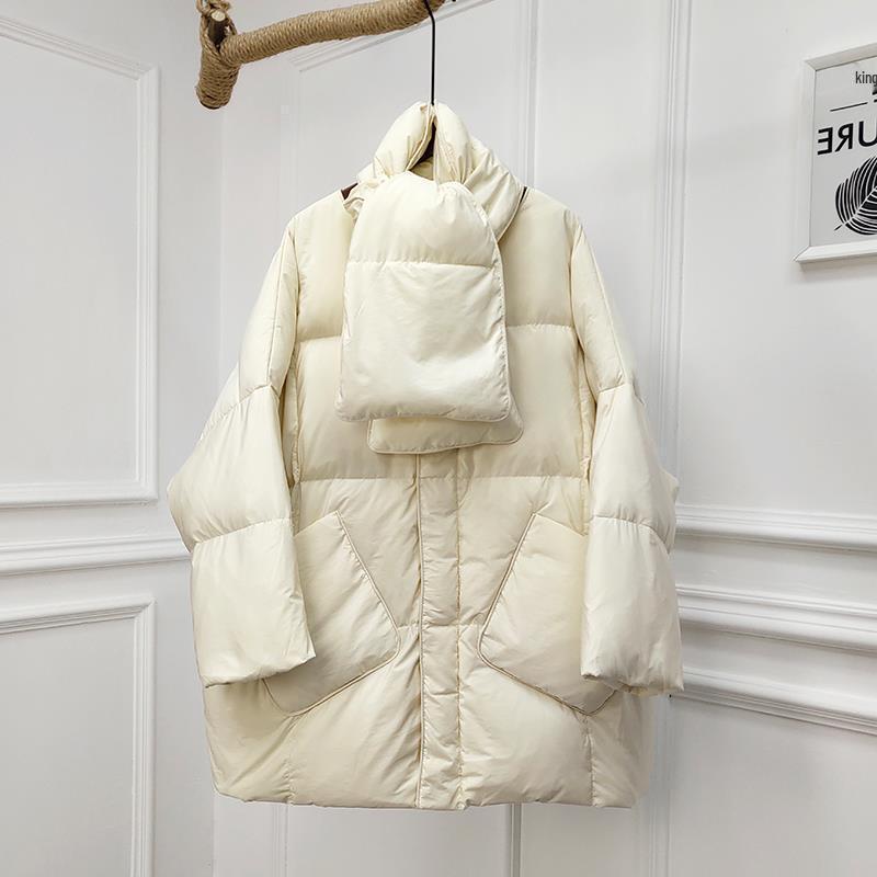 

2025 Winter Women s Korean Style Scarf Down Jacket - Thickened Mid-Length Coat, Plus Size, White Duck Down One Size 45-75kg