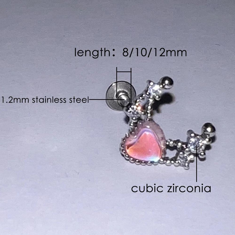 1pc Heart Moon Shape with Zircon Stainless Steel Lip Stud For Woman Girl Daily Party Earring Stud Cartilage Piercing Zircon