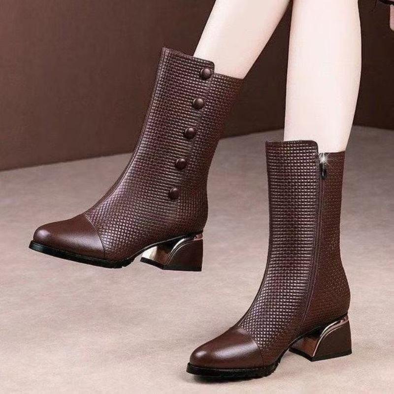 

Мягкие кожаные ботинки Мартин для женской зимы, новые модные ботинки средней длины на высоком каблуке, теплые бархатные хлопковые ботинки из мягкой кожи для женщин 40