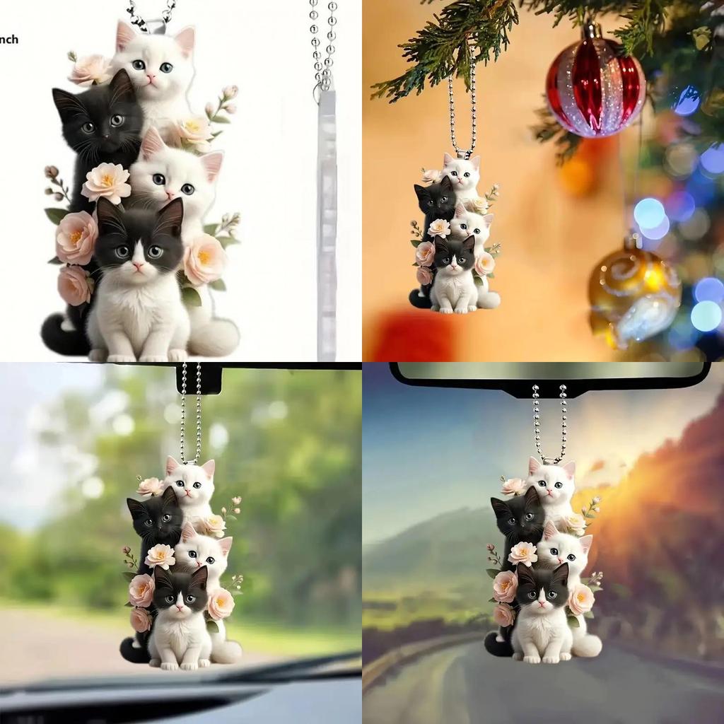 Charming 2d Acrylic Cream Cat Hanging Ornament For Car Rearview Mirror Decor