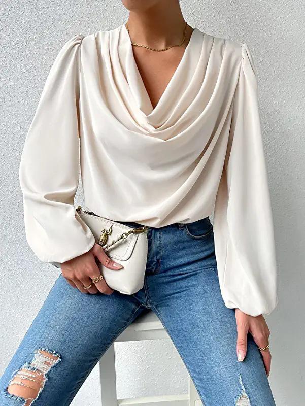 European & American Chiffon Long-Sleeve Loose V-Neck Women's Top