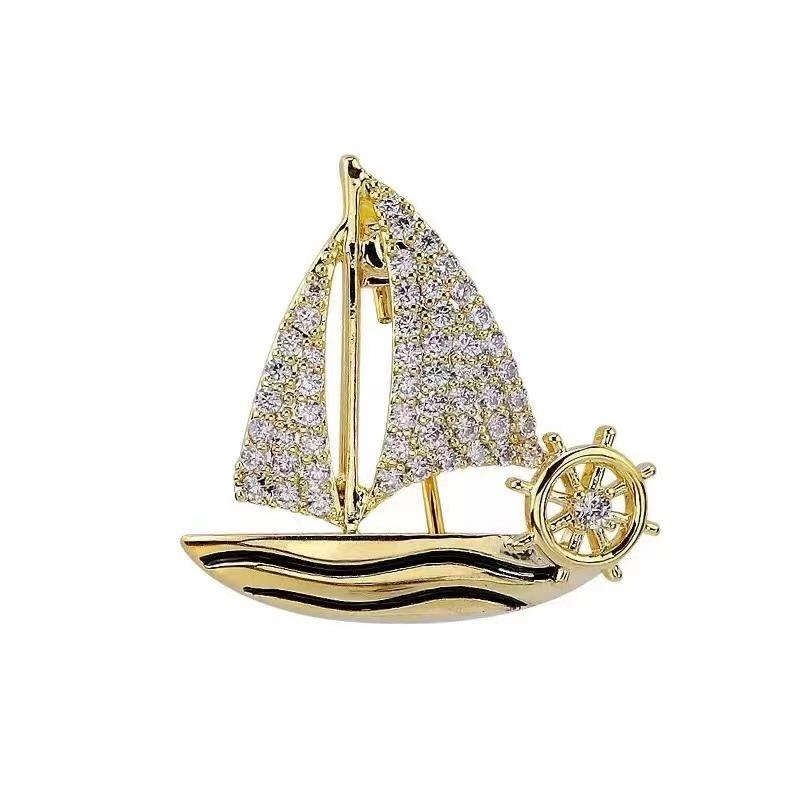 Exquisite Small Sailboat Brooch Pins for Women Men Unisex Rhineston Zircon Lapel Pins Successful Badge Party Suit Jewelry Gifts