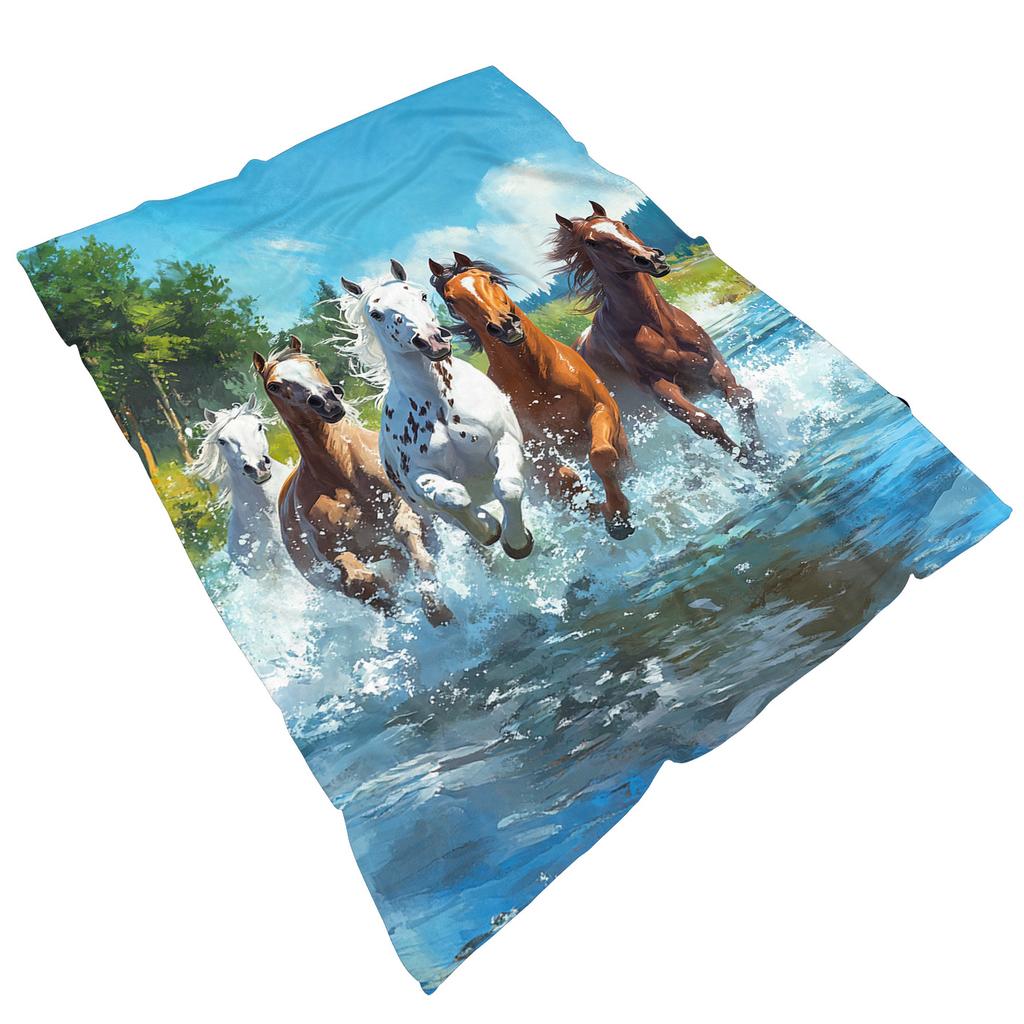 Running Horses Art Digital Print Throw Blanket, Soft Lightweight Warm Bedding Blankets for Bed Sofa Couch Office Travel, 1PC