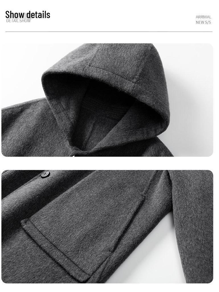 Men's Mid-Length Wool Hooded Coat, 2025 Winter Collection, Double-Sided Design, Thickened Windbreaker Jacket.