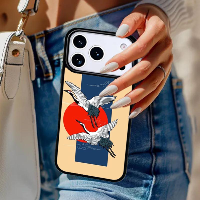 Japanese Style Crane Cherry Phone Case For iPhone 17 Air 14 15 13 12 Max Cover For Apple 14 15 16 16e 11 Pro Max Plus
