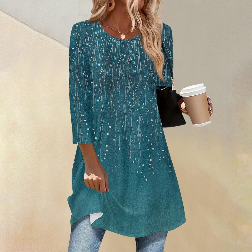 Damenmode Lässig Dreiviertelärmel Lang Blumenmuster Rundhals Oberteil