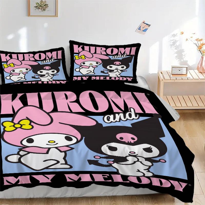 

3 шт. Комплект постельного белья с рисунком Sanrio Куроми и Мелоди, 1* Пододеяльник + 2* Наволочки, Комплект постельного белья с принтом, Мягкий и удобный. W051 135x200cm