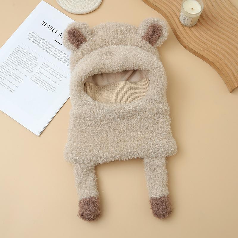 Autumn and Winter Hat Women's Bear Ears Cute Velvet Thermal Hat Scarf Integrated Ear Protection Windproof Pullover Hat