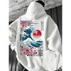 Ukiyo-E Great Wave Kanagawa Hoodie Men Aesthetic Sakura Tokyo Letter Graphic Sweatshirt Oriental Vintage Daily Hooded Pullover