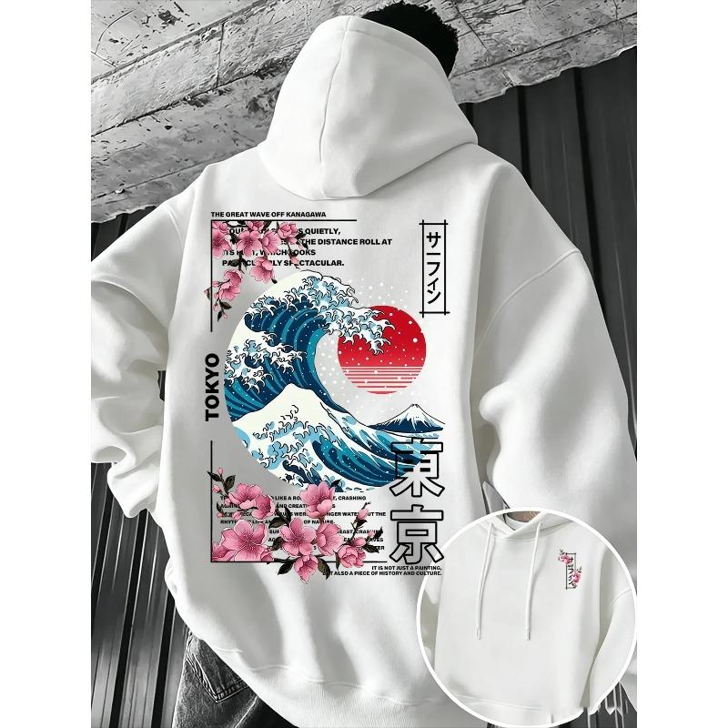Ukiyo-E Great Wave Kanagawa Hoodie Men Aesthetic Sakura Tokyo Letter Graphic Sweatshirt Oriental Vintage Daily Hooded Pullover