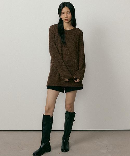 Lingseoul Boucle Embossing Knit Sweater-Brown