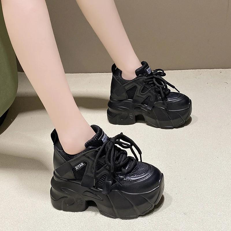 Mode 9,5CM Frühling Damen Casual Sneaker Herbst Schnürschuhe Hohe Plateauschuhe Dicke Sohle Sport Papa Schuhe Damen Sneaker Chaussure Femme