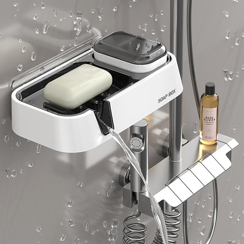 Multifunctional Soap Box Wall Mounted Double Drain Soap Storage Rack with Cleaning Brush Household Bathroom Soap Brush Storage