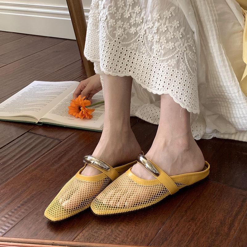 Fashion Fashion Metal Female Flats Slippers Sandals Shoes For Women Mules Summer Beach Slides Footwear Mesh Ladies Flats Slippers Shoes