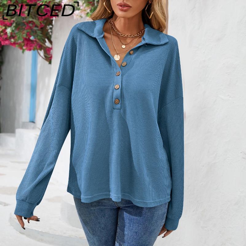 BITCED Women's Fall/Winter Polo Neck Button-Up Solid Color Long-Sleeve T-Shirt
