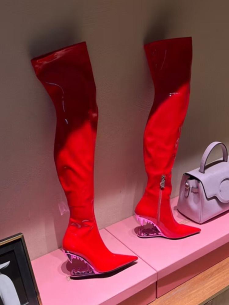 Fashion 2025 New Shaped Heel Tiger Teeth Design Over Knee Boots Pointed Super Fiber High Heel Boots European American 43 Women's Shoes