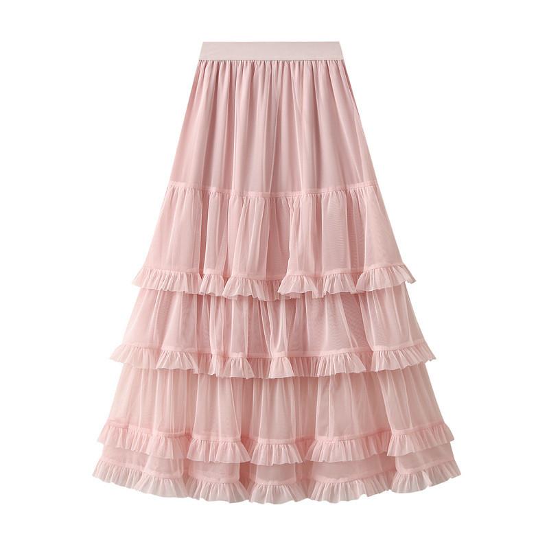Qooth Elegant Women A Line Tulle Ruffle Skirt Wide Hem Mid Length Elastic Waist Casual Skirt QT2698