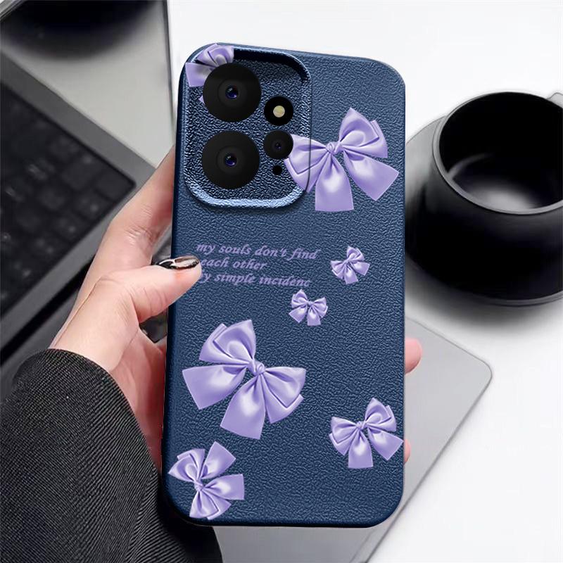 Purple Bowknot Print Leather Texture TPU Matte Case For Xiaomi 13T Poco X6 M6 Redmi Note 14 Pro 13 12 11 Lens Protection Soft Shockproof Phone Cover