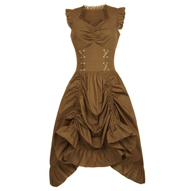 

Foreign Trade Hot-Selling European and American Plus-Size Steampunk Gothic Victorian Era Ruffled Sleeveless Dress for Women Sleeveless Women s Skirt-Brown XL
