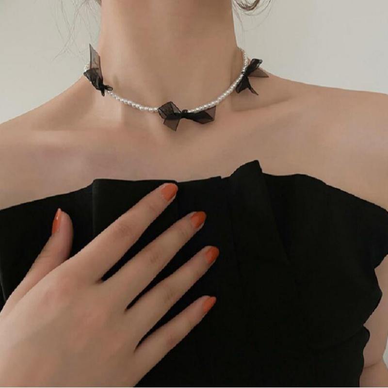 Korean Girl Necklace Female Summer Niche Design Sense Wild Net Red Pearl Bow Necklace Women Sales Collares