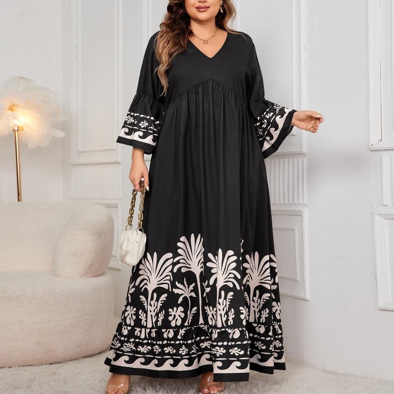 Women Casual Loose V Neck Flared Sleeve Long Printed Dress For Ladies