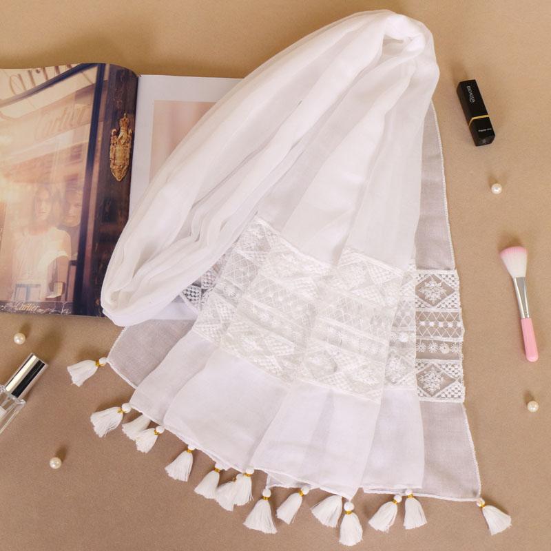 Premium Quality Cotton Hijab Scarf Women Hollow Out Lace Edge Tassels Long Shawl Muslim Soft Plain Headband Hijab Turban