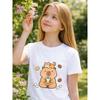 European Sizes Girls' Capybara Drinking Boba T-Shirt, Kids' Round Neck Short Sleeve Top, Soft Breathable Comfortable Casual Wear